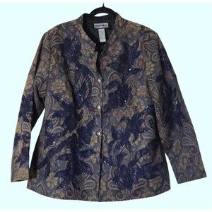 Indigo Moon Size XL Floral Paisley Embroidered Button-Up Jacket Sequins Tapestry